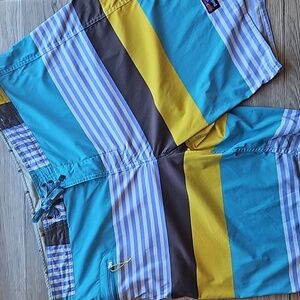 Patagonia Teal Yellow Striped Colorblock Wayfarer Swim Trunks Board Shorts 40
